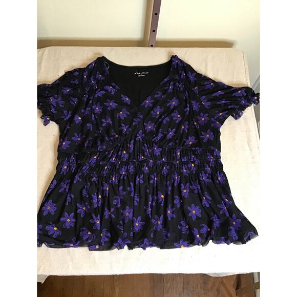 Ava & Viv floral frilly V-Neck lined Short Sleeve Shirt Sz 3X Black NWT - Picture 3 of 9